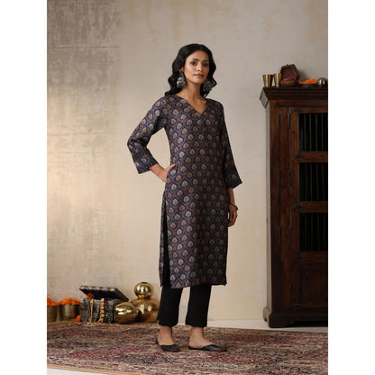 House of Chikankari Crafts Pashmina Printed Long Kurta - Navy Blue