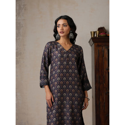 House of Chikankari Crafts Pashmina Printed Long Kurta - Navy Blue