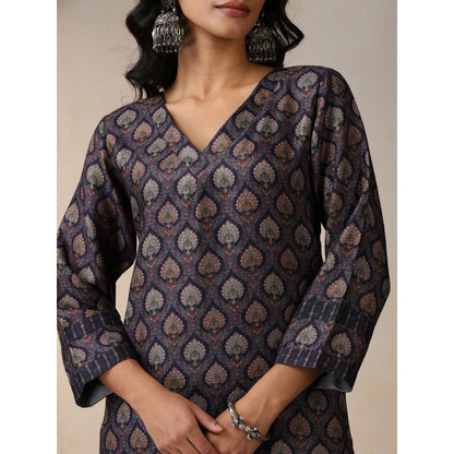 House of Chikankari Crafts Pashmina Printed Long Kurta - Navy Blue