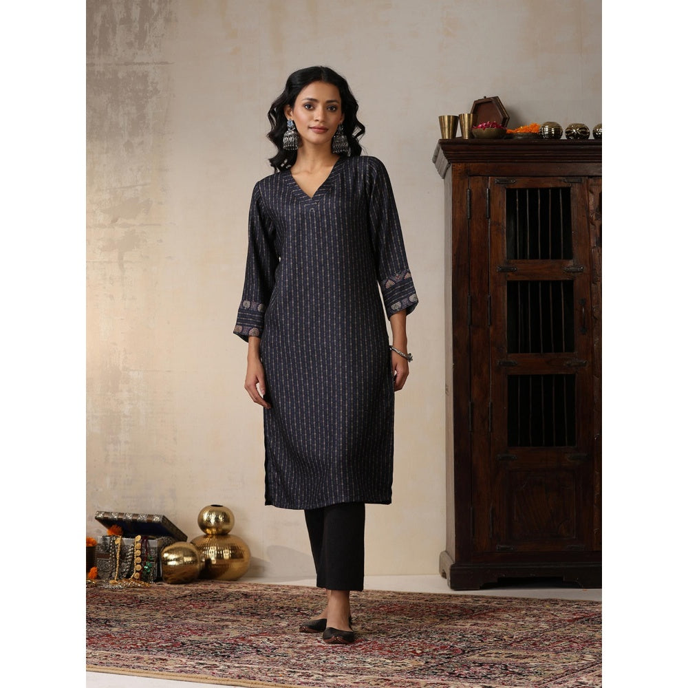 House of Chikankari Crafts Pashmina Printed Long Kurta - Navy Blue