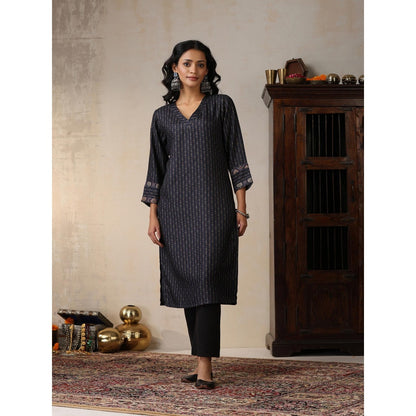 House of Chikankari Crafts Pashmina Printed Long Kurta - Navy Blue