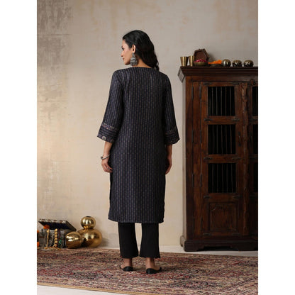 House of Chikankari Crafts Pashmina Printed Long Kurta - Navy Blue