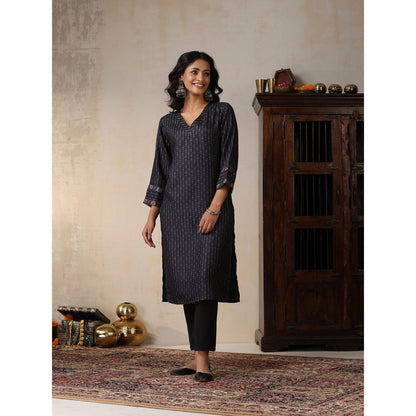 House of Chikankari Crafts Pashmina Printed Long Kurta - Navy Blue