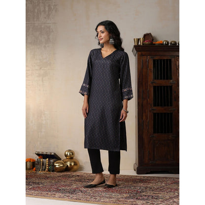 House of Chikankari Crafts Pashmina Printed Long Kurta - Navy Blue
