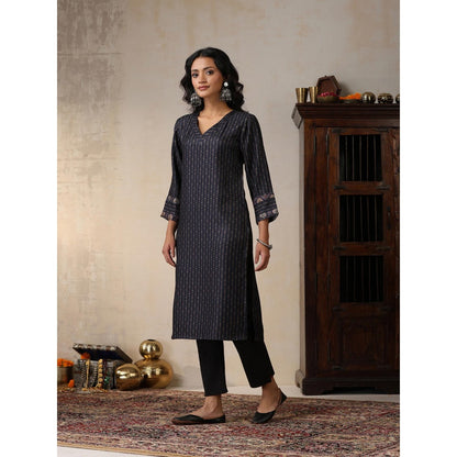House of Chikankari Crafts Pashmina Printed Long Kurta - Navy Blue