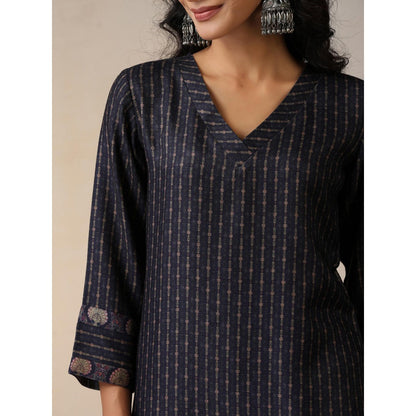 House of Chikankari Crafts Pashmina Printed Long Kurta - Navy Blue