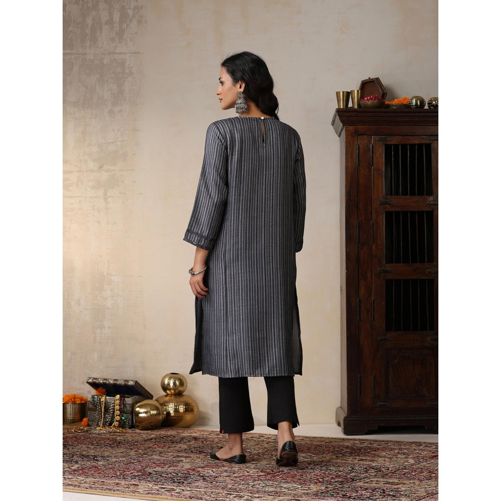 House of Chikankari Crafts Pashmina Printed Long Kurta - Black