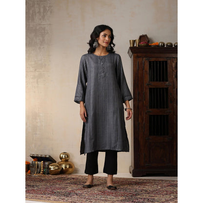 House of Chikankari Crafts Pashmina Printed Long Kurta - Black