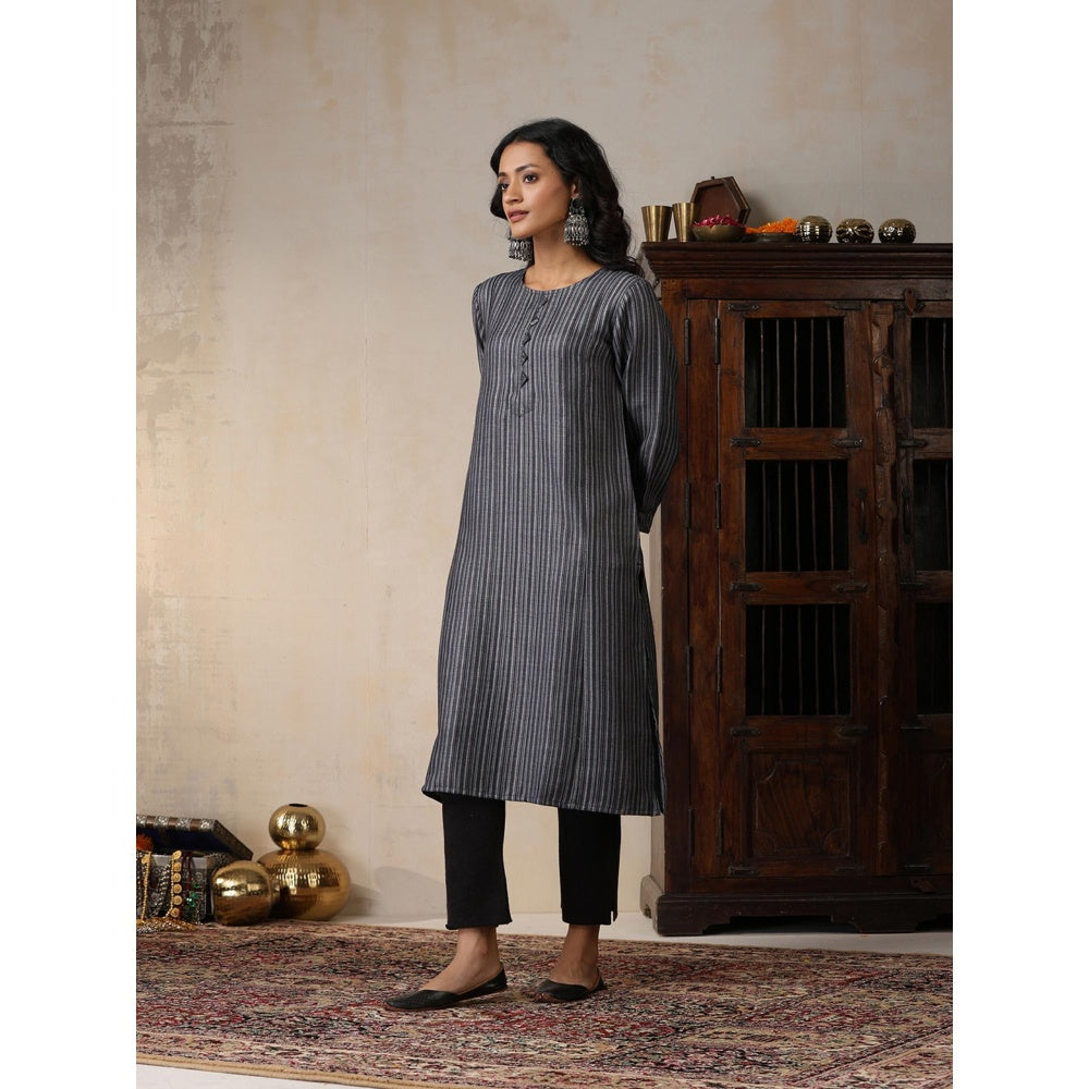 House of Chikankari Crafts Pashmina Printed Long Kurta - Black