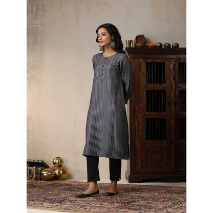 House of Chikankari Crafts Pashmina Printed Long Kurta - Black