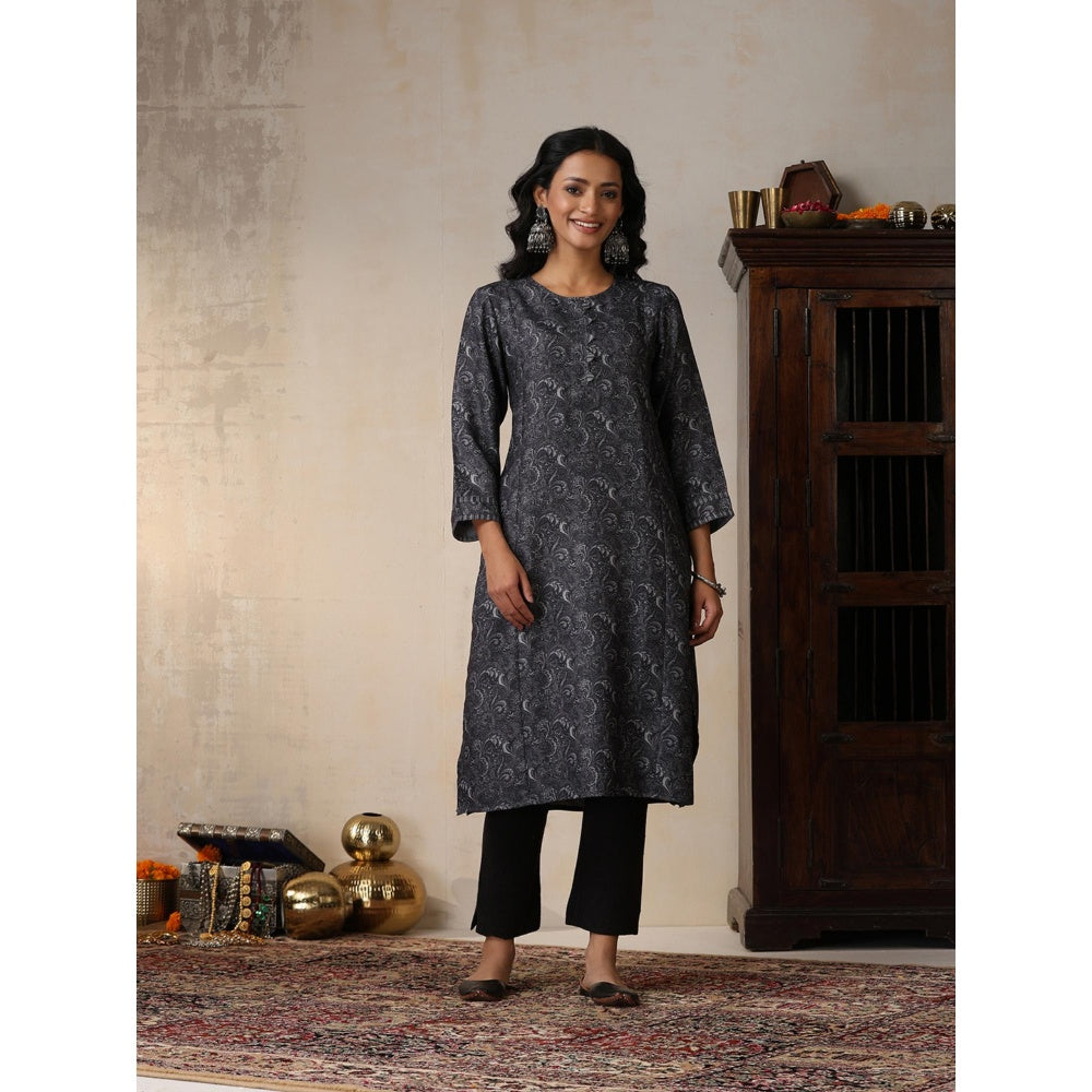 House of Chikankari Crafts Pashmina Printed Long Kurta - Grey