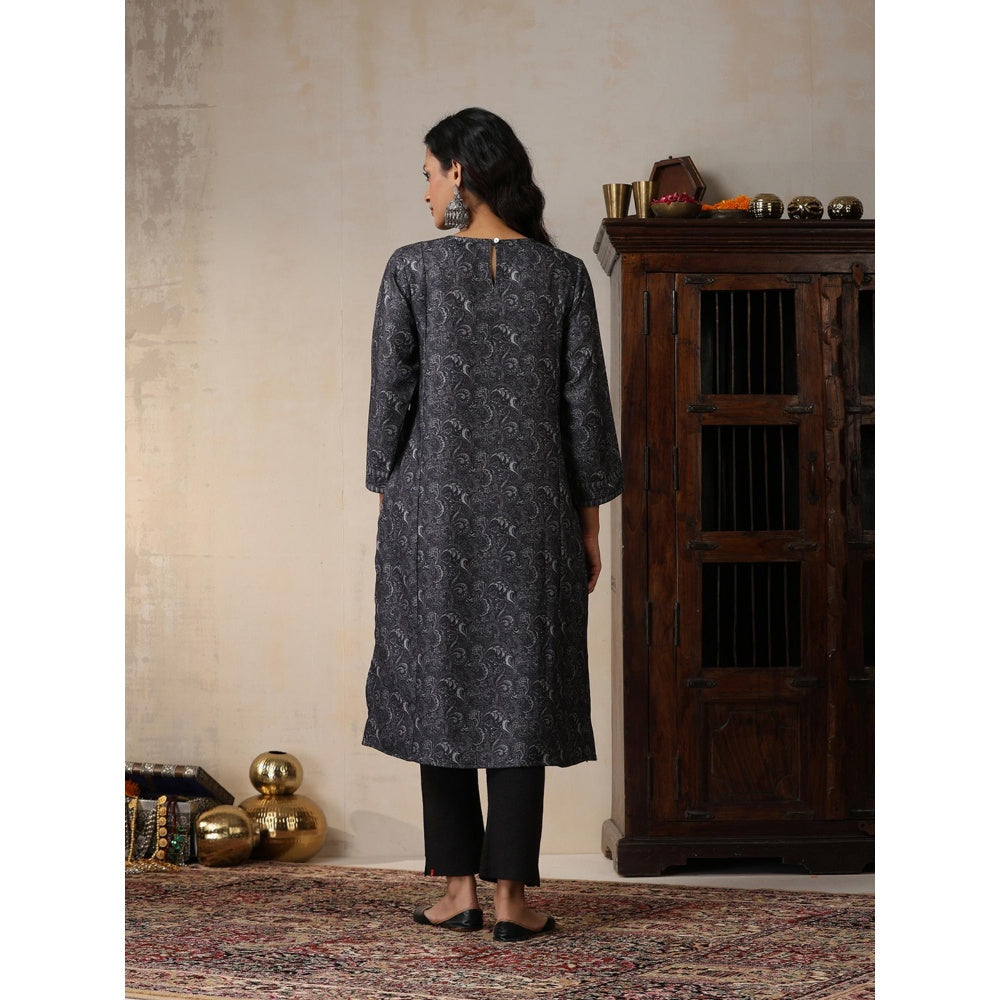 House of Chikankari Crafts Pashmina Printed Long Kurta - Grey