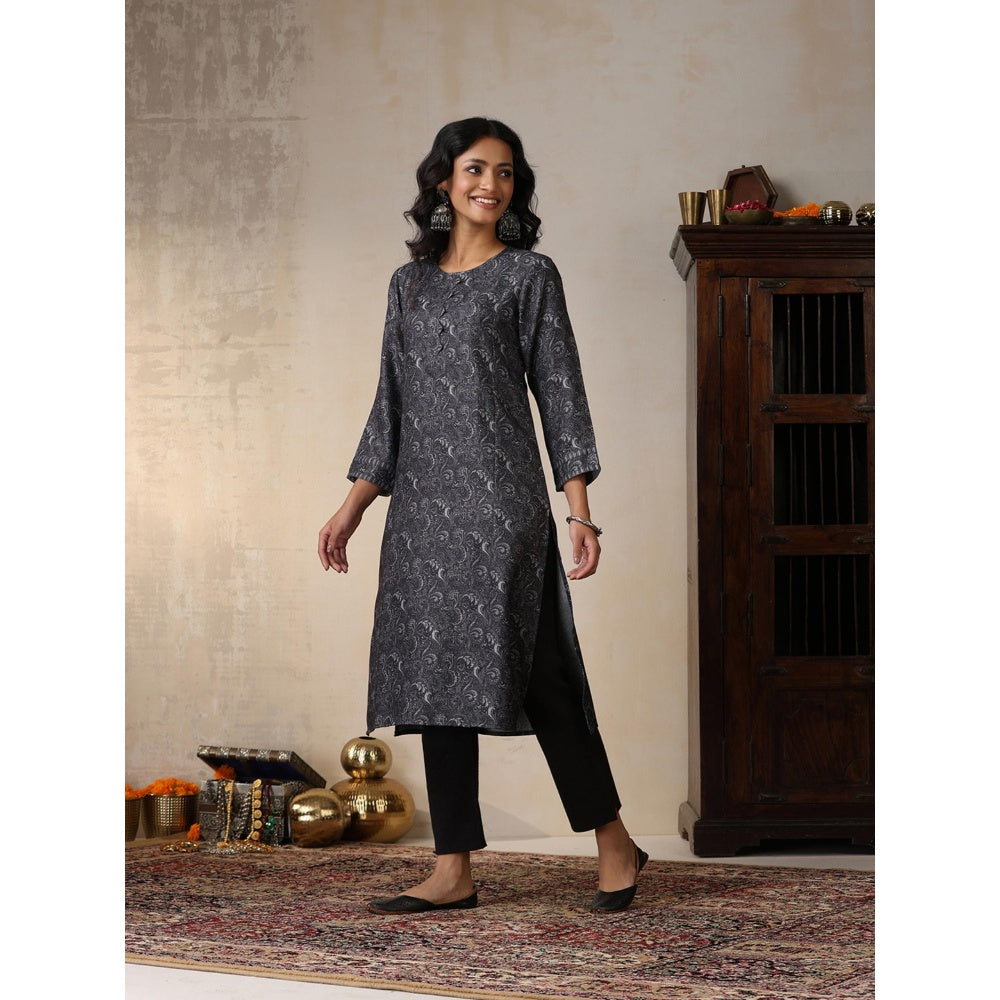 House of Chikankari Crafts Pashmina Printed Long Kurta - Grey