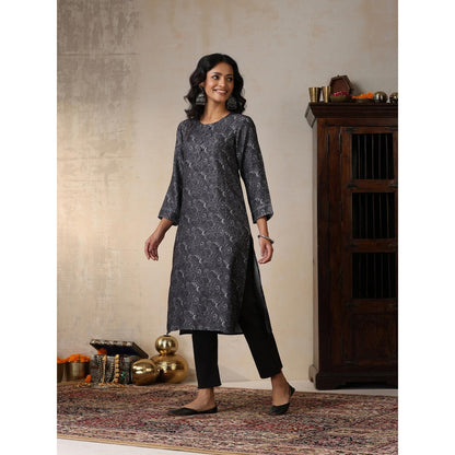 House of Chikankari Crafts Pashmina Printed Long Kurta - Grey