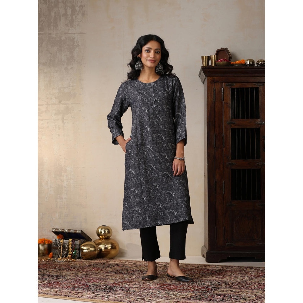 House of Chikankari Crafts Pashmina Printed Long Kurta - Grey