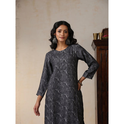 House of Chikankari Crafts Pashmina Printed Long Kurta - Grey