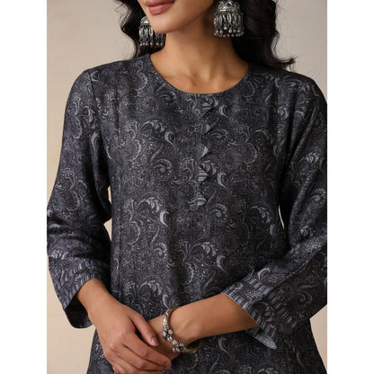 House of Chikankari Crafts Pashmina Printed Long Kurta - Grey