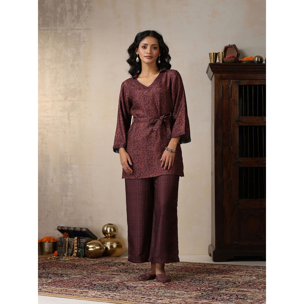 House of Chikankari Crafts Pashmina Printed Kurti with Palazzo and Belt- Brown (Set of 3)
