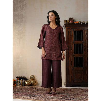 House of Chikankari Crafts Pashmina Printed Kurti with Palazzo and Belt- Brown (Set of 3)