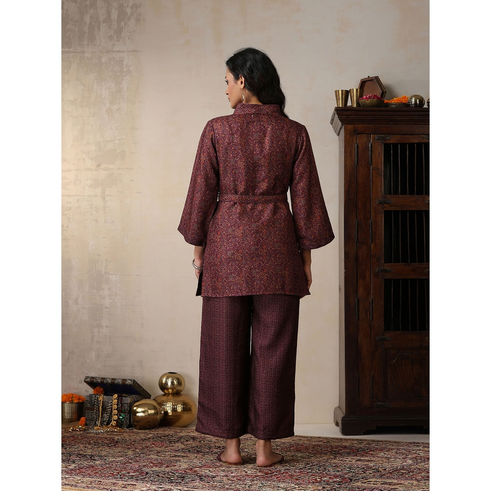House of Chikankari Crafts Pashmina Printed Kurti with Palazzo and Belt- Brown (Set of 3)