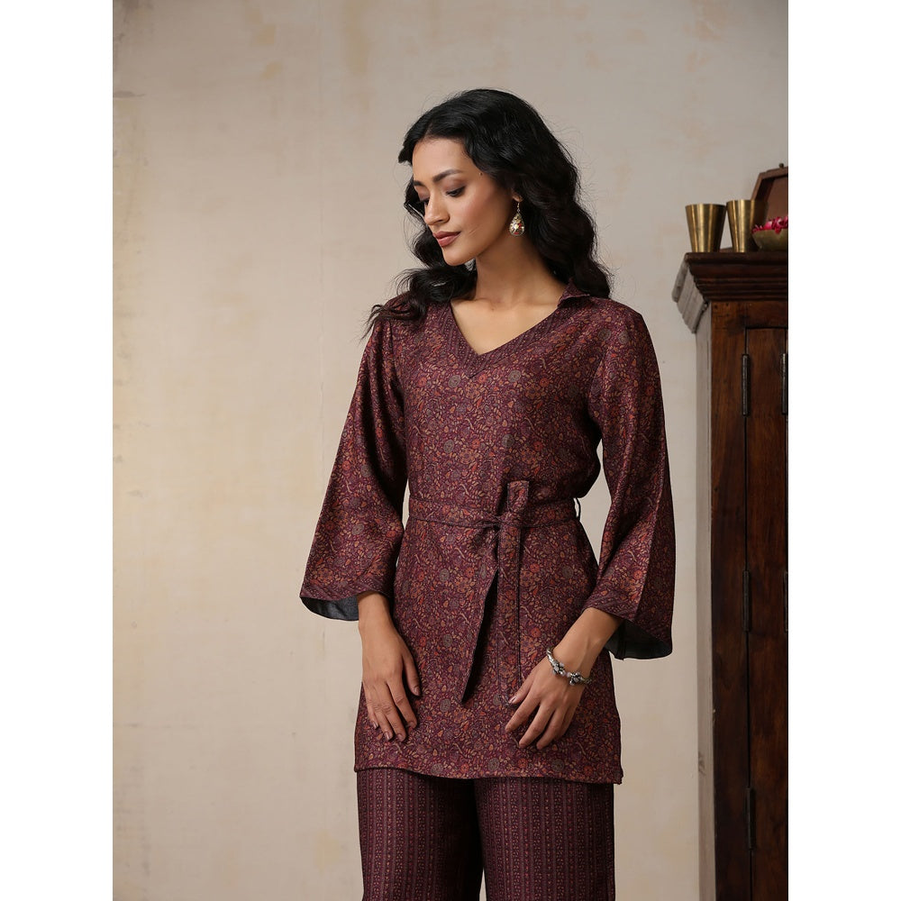 House of Chikankari Crafts Pashmina Printed Kurti with Palazzo and Belt- Brown (Set of 3)