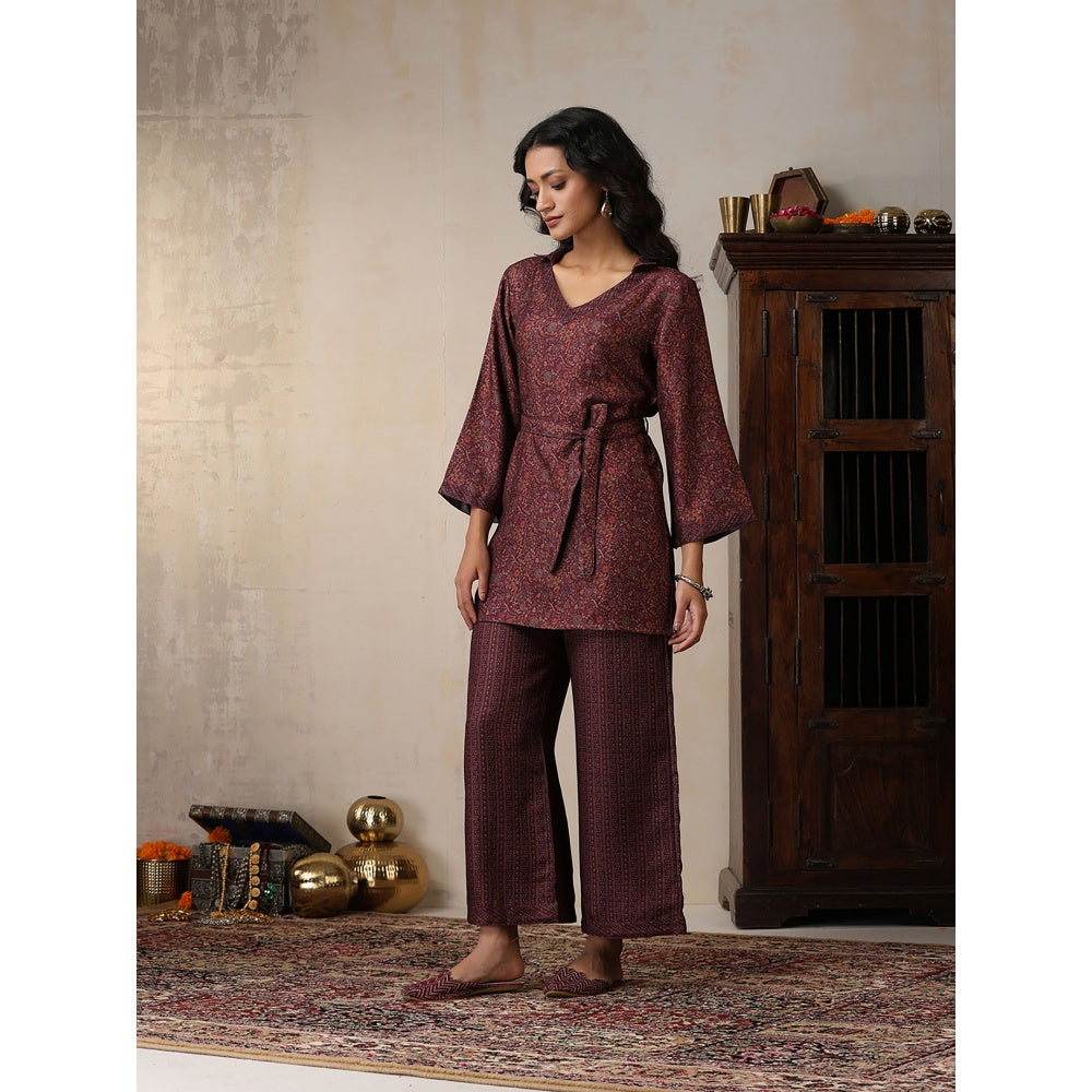 House of Chikankari Crafts Pashmina Printed Kurti with Palazzo and Belt- Brown (Set of 3)