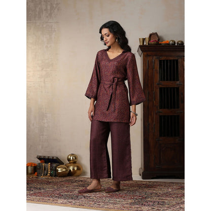 House of Chikankari Crafts Pashmina Printed Kurti with Palazzo and Belt- Brown (Set of 3)