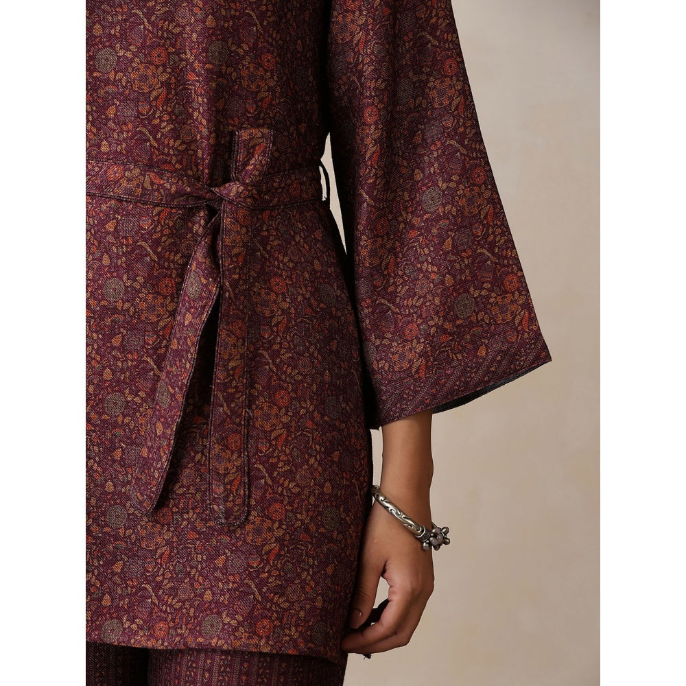 House of Chikankari Crafts Pashmina Printed Kurti with Palazzo and Belt- Brown (Set of 3)