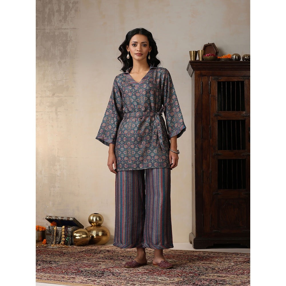 House of Chikankari Crafts Pashmina Printed Kurti with Palazzo and Belt- Green (Set of 3)