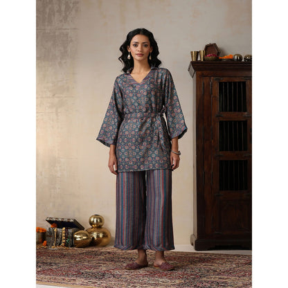 House of Chikankari Crafts Pashmina Printed Kurti with Palazzo and Belt- Green (Set of 3)