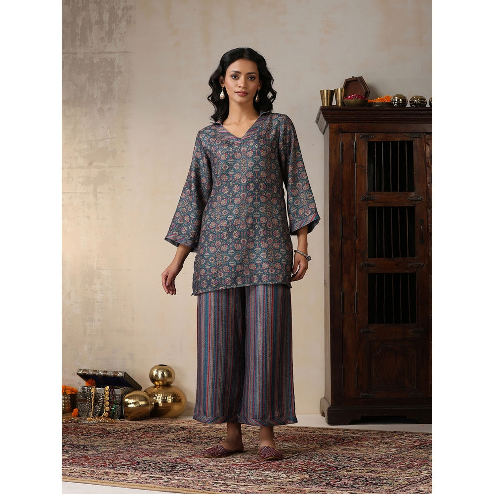 House of Chikankari Crafts Pashmina Printed Kurti with Palazzo and Belt- Green (Set of 3)