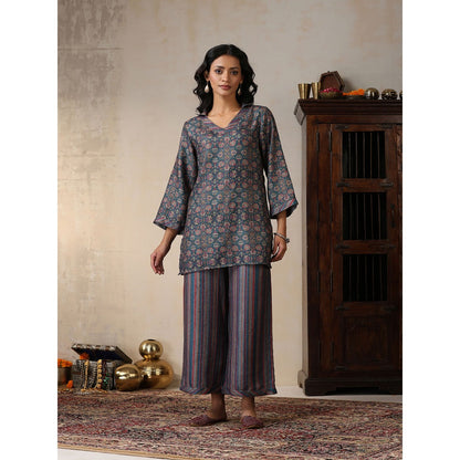 House of Chikankari Crafts Pashmina Printed Kurti with Palazzo and Belt- Green (Set of 3)