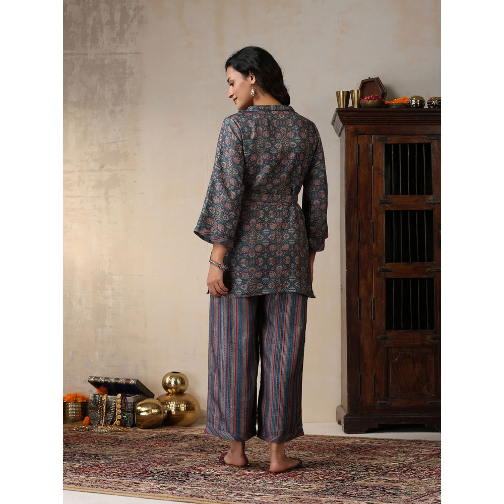 House of Chikankari Crafts Pashmina Printed Kurti with Palazzo and Belt- Green (Set of 3)