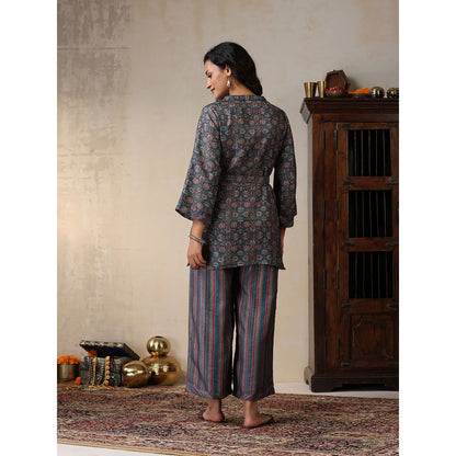 House of Chikankari Crafts Pashmina Printed Kurti with Palazzo and Belt- Green (Set of 3)