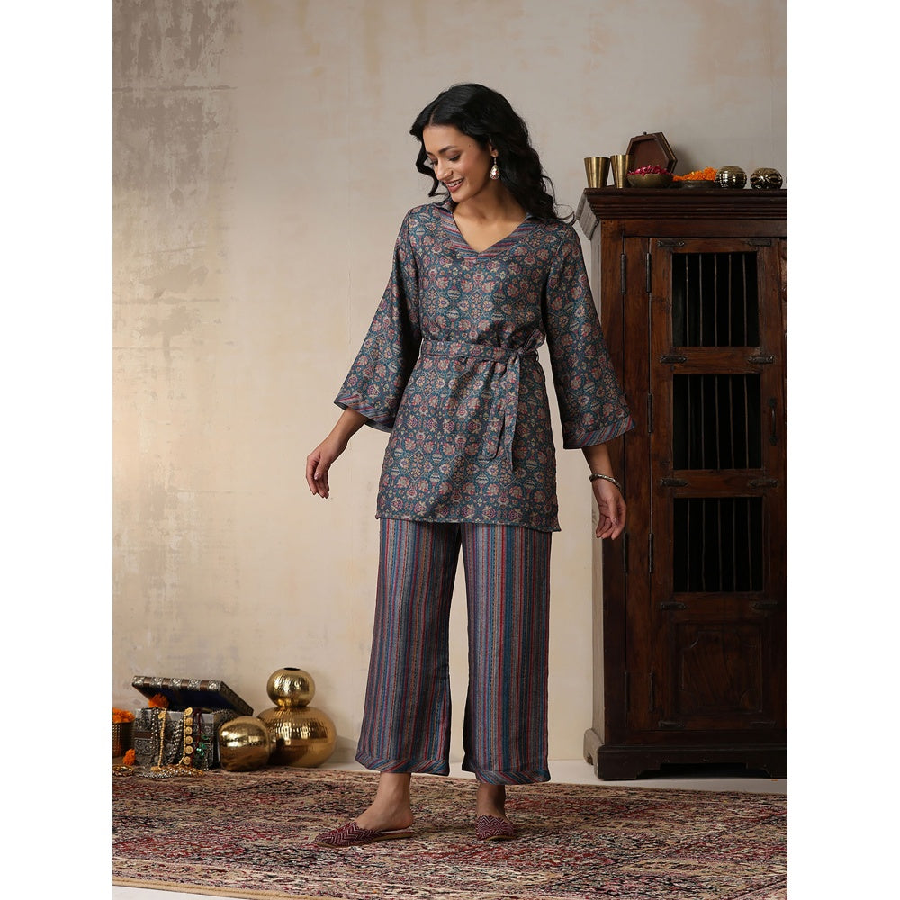 House of Chikankari Crafts Pashmina Printed Kurti with Palazzo and Belt- Green (Set of 3)