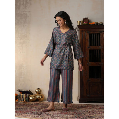 House of Chikankari Crafts Pashmina Printed Kurti with Palazzo and Belt- Green (Set of 3)