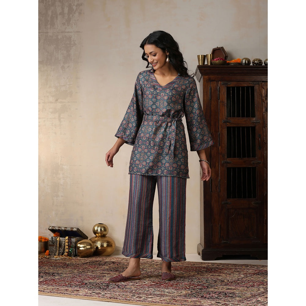 House of Chikankari Crafts Pashmina Printed Kurti with Palazzo and Belt- Green (Set of 3)