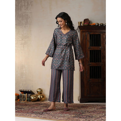 House of Chikankari Crafts Pashmina Printed Kurti with Palazzo and Belt- Green (Set of 3)