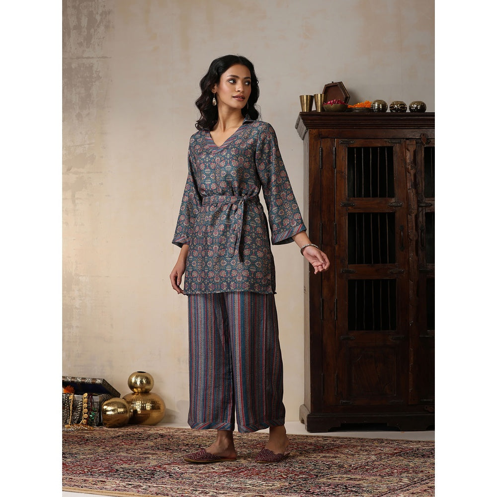 House of Chikankari Crafts Pashmina Printed Kurti with Palazzo and Belt- Green (Set of 3)
