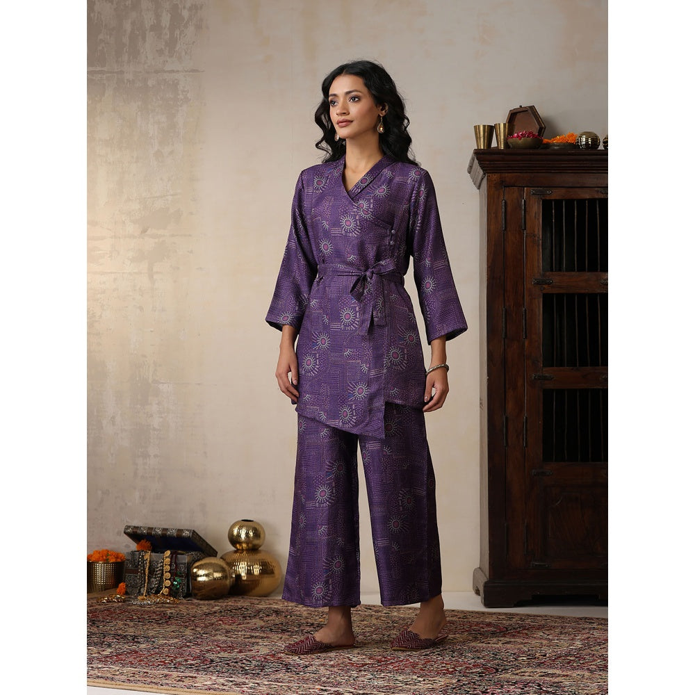 House of Chikankari Crafts Pashmina Angrakha Kurta with Palazzo and Belt- Purple (Set of 2)