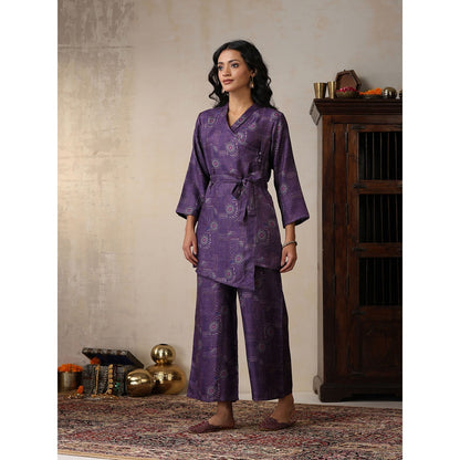 House of Chikankari Crafts Pashmina Angrakha Kurta with Palazzo and Belt- Purple (Set of 2)