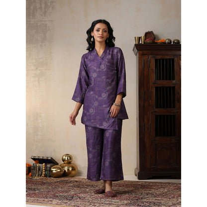 House of Chikankari Crafts Pashmina Angrakha Kurta with Palazzo and Belt- Purple (Set of 2)