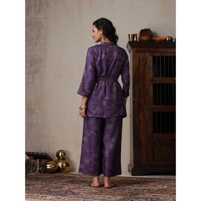House of Chikankari Crafts Pashmina Angrakha Kurta with Palazzo and Belt- Purple (Set of 2)