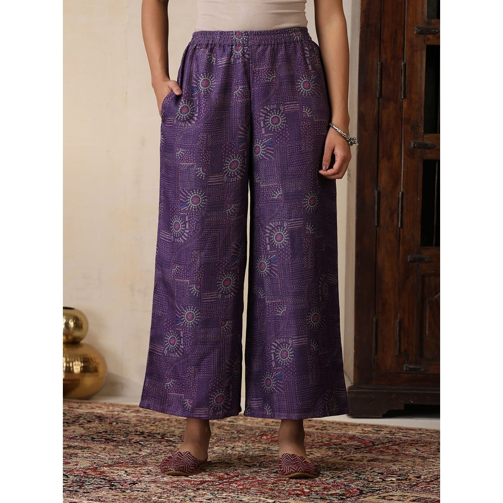House of Chikankari Crafts Pashmina Angrakha Kurta with Palazzo and Belt- Purple (Set of 2)