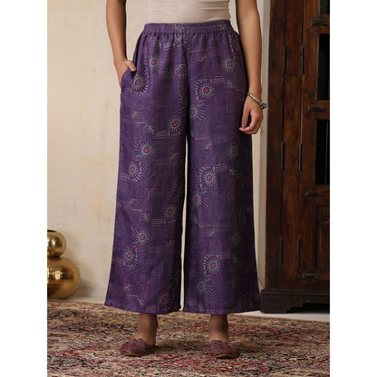 House of Chikankari Crafts Pashmina Angrakha Kurta with Palazzo and Belt- Purple (Set of 2)