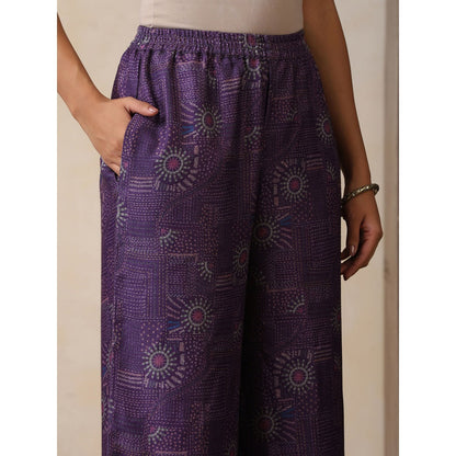 House of Chikankari Crafts Pashmina Angrakha Kurta with Palazzo and Belt- Purple (Set of 2)