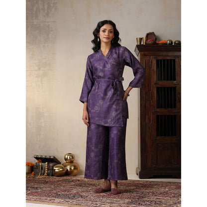 House of Chikankari Crafts Pashmina Angrakha Kurta with Palazzo and Belt- Purple (Set of 2)