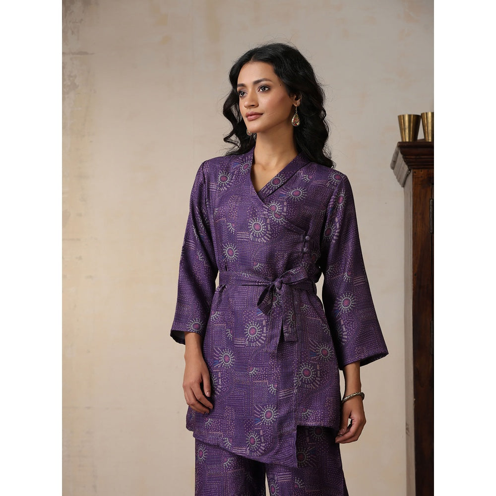 House of Chikankari Crafts Pashmina Angrakha Kurta with Palazzo and Belt- Purple (Set of 2)