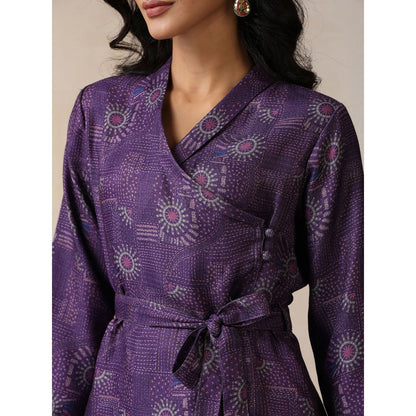 House of Chikankari Crafts Pashmina Angrakha Kurta with Palazzo and Belt- Purple (Set of 2)