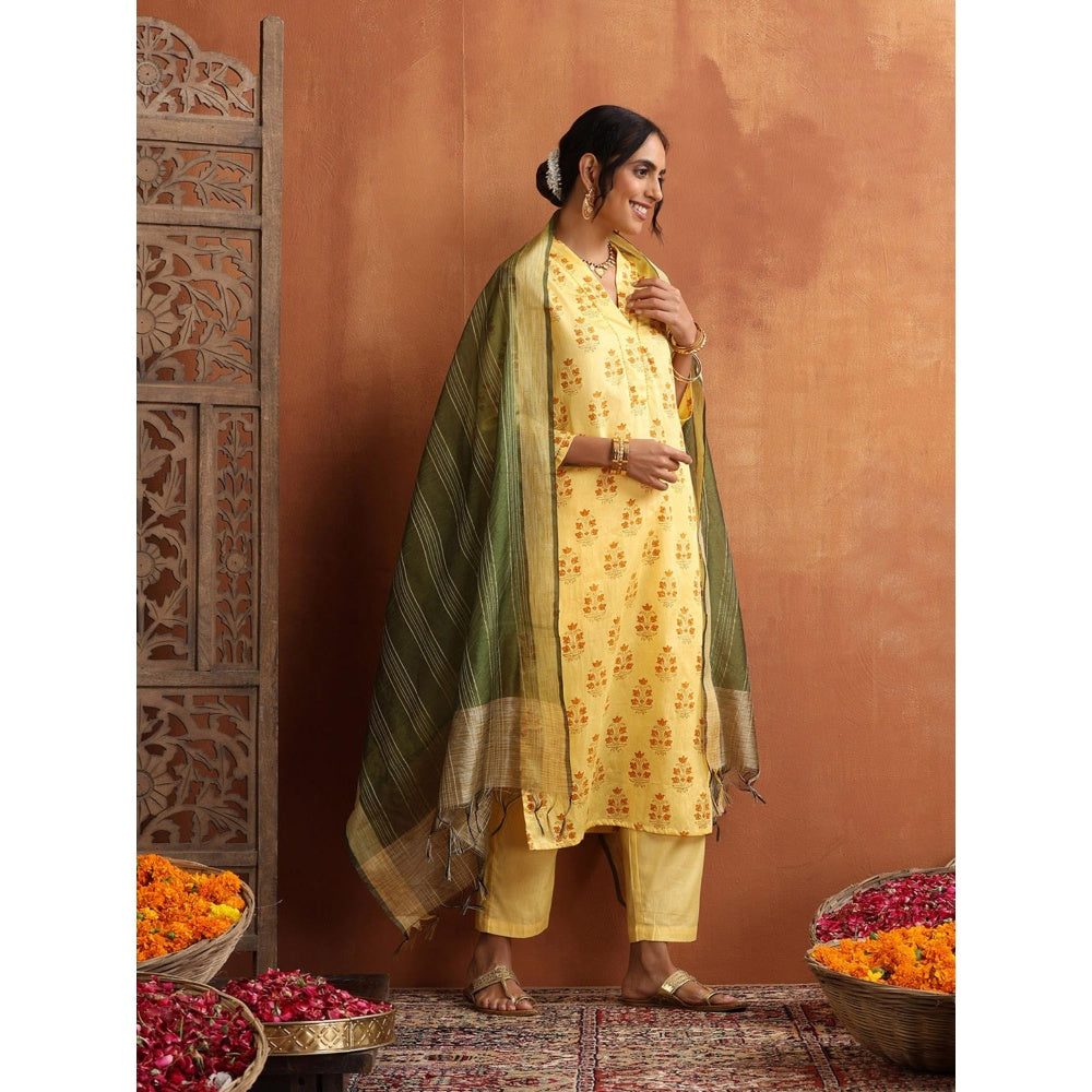 House of Chikankari Women's Floral Hand Block Printed Kurta with Pant and Dupatta (Set of 3)
